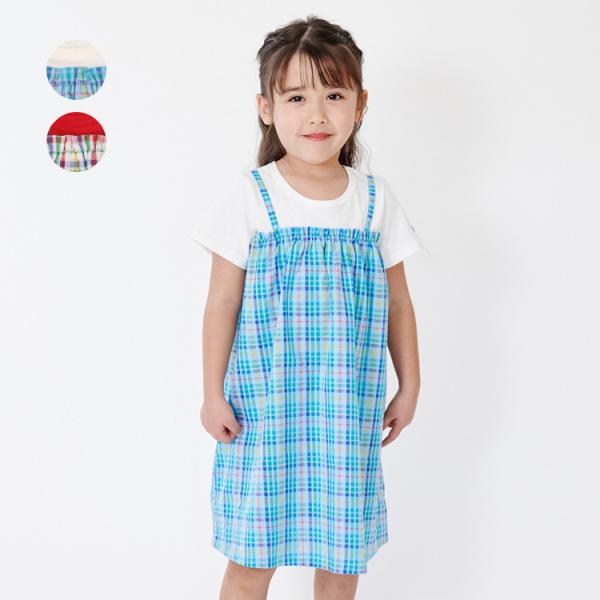 子供服 moujonjon (ムージョンジョン) サッカーチェック切替半袖ワンピース 80cm 90...