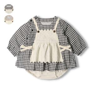 【子供服】 kid´s zoo (キッズズー) Ｗガーゼエプロン付チェック柄長袖オール・ロンパース 70cm，80cm ベビー 女の子 ギフト プレゼント 出産祝い　W60701｜marutaka-iryo