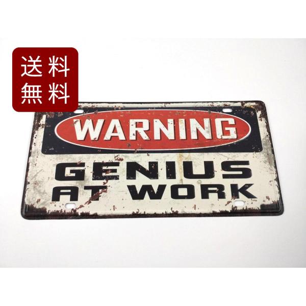アメリカン風ブリキ看板 警告 WARNING GENIUS AT WORK 30.5cmX15.5c...