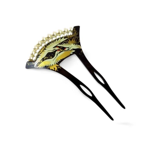 かんざし 鶴 パール 扇 二本差し 結婚式 成人式 和装 髪飾り バチ型 簪 13cmx9cm コス...