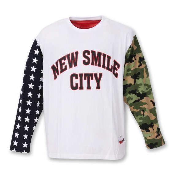 大きいサイズ UP SMILE クレイジー切替長袖Tシャツ 3L 4L 5L 6L MC816251...