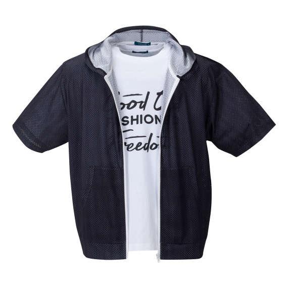 大きいサイズ COLLINS メッシュヘリンボーン風プリント半袖フルジップパーカー+半袖Tシャツ 3...