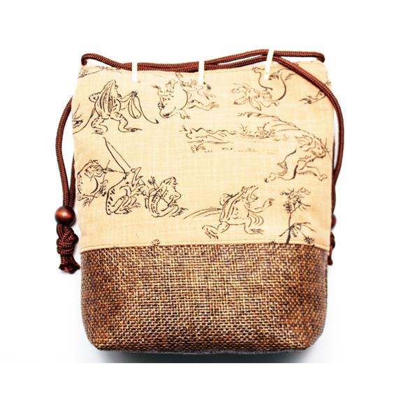 浴衣 巾着 和柄 バッグ メンズ / 網代付 信玄袋 鳥獣戯画 チャ / 底 マチ付き合切袋 巾着型...