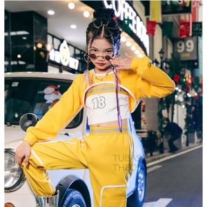 キッズ ダンス衣装 黄色 白 長袖 セット ジャズダンス チアガール ヒップホップ へそ出し 韓国 HIPHOP 練習着 ステージ衣装 応援団