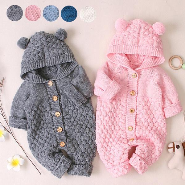 ロンパース ベビー 着ぐるみ ニット 赤ちゃん用ロンパース フード付き 女の子 男の子 ポンポン オ...