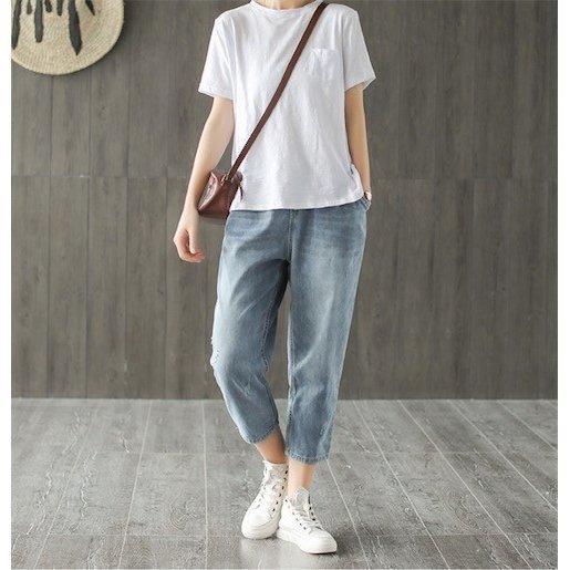 ベーシックデニムパンツ レディース パンツ ウエストゴム 楽ちん 程ゆるシルエット ボトムス 7分丈...