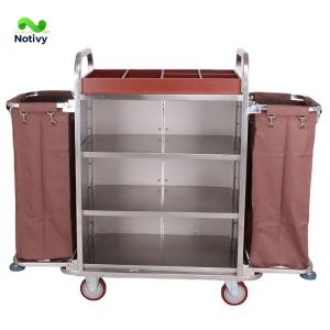 ホテルリネンカート ランドリーカート 多目的クリーニングトロリー 業務用ダストカート ホテル清掃台車 2つの大容量防水収納袋、3つのトレイ