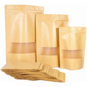 紙 窓付き 紙袋 チャック 付き クラフト紙袋 食品収納袋 ジップ袋 角底袋 自立 密閉 防水 耐油 防カビ 防臭 コーヒー袋 お菓子 真空 保存 包装 300枚 (9*14+3 30