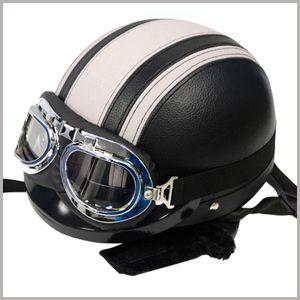 ゴーグル付き ビンテージ ヘルメット ブラック × アイボリー バイク用 ハーフ ヘルメット キャップ ゴーグル