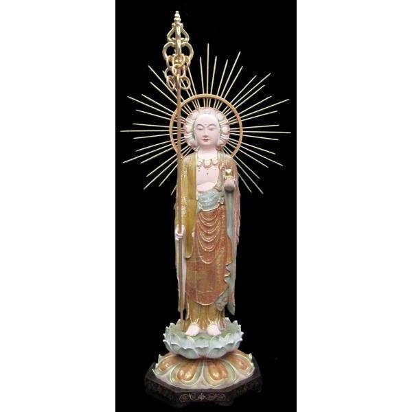 木彫り彫刻 仏像 地蔵菩薩像 極彩色仕上 全高80cm 木彫 仏像販売 健康運 交通安全 厄除け 現...