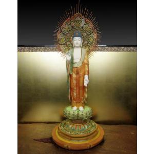 木彫り彫刻 仏像 阿弥陀三尊 截金彩色 立像 ...の詳細画像3