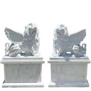 天然大理石彫刻 翼を持つライオン 有翼の獅子 ペア H199cm 魔除け 石像 大理石 高級 オブジェ 置物 天然石 洋風 入口 大きい 白 庭 美術品