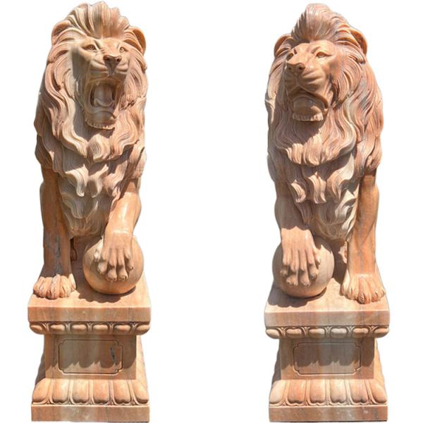 天然大理石彫刻 玉を持つライオン ペア H158cm 阿吽 狛犬 像 宝珠 動物 大理石 オブジェ ...