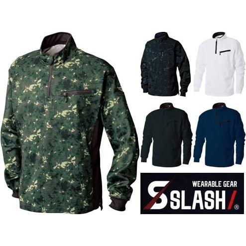 SLASH プリント柄 ハーフジップ シャツ 長袖 M〜4L カモフラ かんたん刺繍申込み 吸汗速乾...