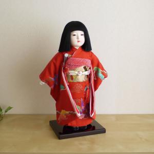 市松人形 元賀章介 12号尺二正絹手刺繍 扇面に小花 赤色 台 女の子