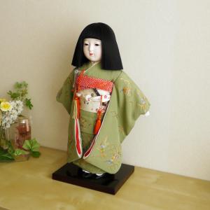 市松人形 元賀章介 12号尺二正絹手刺繍 扇面に小花 赤色 台 女の子