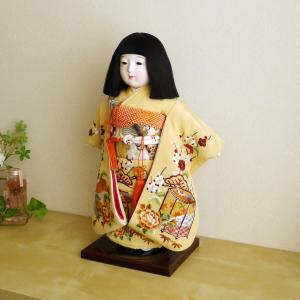 市松人形 元賀章介 12号尺二正絹手刺繍 扇面に小花 赤色 台 女の子