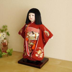 市松人形 元賀章介 12号尺二正絹手刺繍 まり 赤色 手塗本漆台 女の子