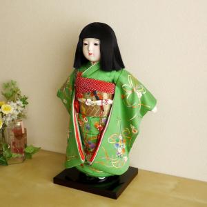 市松人形 元賀章介 10号尺 正絹手刺繍 おしどり 赤色 手塗本漆台 増村