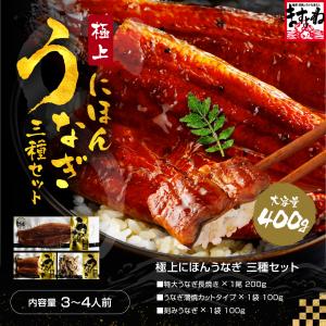 ※在庫切れ※ 鰻売り尽くしセール お中元  にほんうなぎ蒲焼き3種盛400g 長焼200g カット100g 刻み100g タレ山椒付 食べ方ガイド付 化粧箱入 シールのし対応