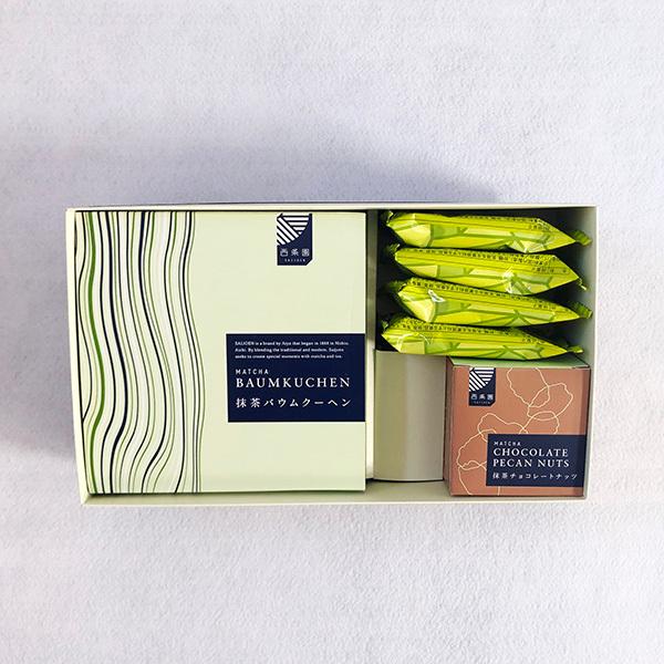 詰め合わせ 抹茶バウムクーヘン1個、抹茶ラスク4袋、抹茶チョコレートナッツ1箱　お中元 プレゼント ...