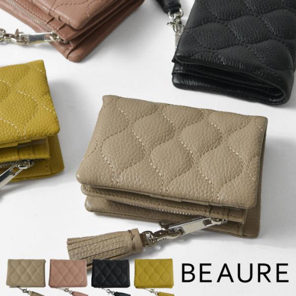 10%OFFクーポン Beaure ヴュレ タッセル付き カウレザー キルティング 2つ折り財布 ウ...