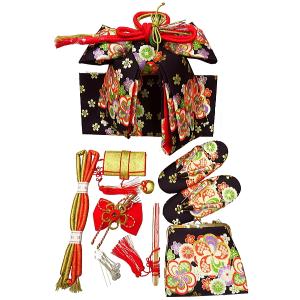 七五三　3〜5歳　女の子　結び帯(中寸)と箱セコペアセット【黒×ねじ梅】