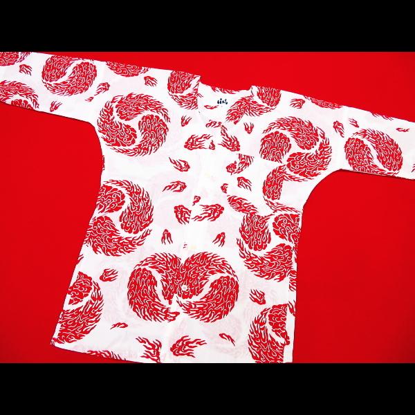 東京いろは 炎・ほむら巴（白赤）大人鯉口シャツ 注染 手拭生地 綿100%