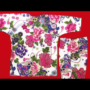 鯉口シャツ 金彩牡丹と桜（白ピンク紫）７号サイズ（１４０）子供鯉口シャツ上下組 義若オリジナル