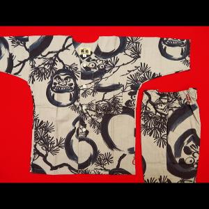 鯉口シャツ 福だるまと松（茶グレー）１号〜３号サイズ（９０〜１１０）子供鯉口シャツ上下組 義若オリジナル