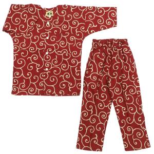 鯉口シャツ 唐草・からくさ（エンジ系）１号〜３号サイズ（９０〜１１０）子供鯉口シャツ上下組 義若オリジナル