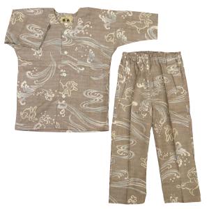鯉口シャツ 波うさぎ（ベージュグレー）１号〜３号サイズ（９０〜１１０）子供鯉口シャツ上下組 義若オリジナル