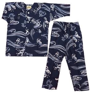 鯉口シャツ 波うさぎ（紺）１号〜３号サイズ（９０〜１１０）子供鯉口シャツ上下組 義若オリジナル
