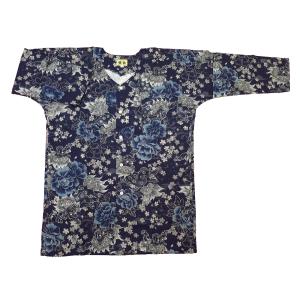 鯉口シャツ 金彩牡丹と桜（藍黒）大人鯉口シャツ単品 男女兼用 義若
