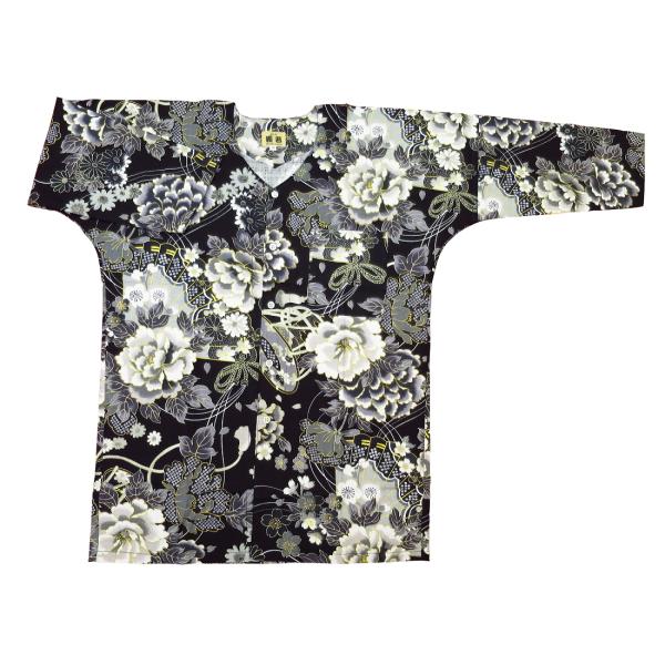 鯉口シャツ 金彩牡丹と桜（黒）巾広サイズ（３Ｌ）　大人鯉口シャツ単品 男女兼用 義若オリジナル