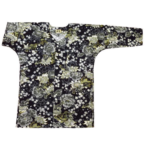 鯉口シャツ 金彩唐獅子牡丹と桜吹雪(黒)超巾広サイズ（４Ｌ）　大人鯉口シャツ単品 男女兼用 義若オリ...