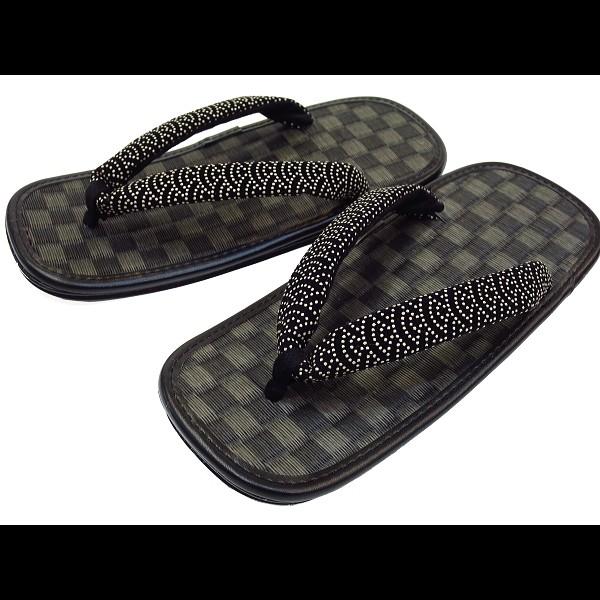 雪駄 セッタ 雪駄  黒畳市松・青海波柄印伝調鼻緒 ライト底 Ｍサイズ（８寸３分）〜ＬＬサイズ（９寸...