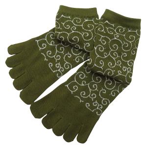 【唐草・抹茶緑】和柄5本指ソックス・クルー丈（男性用：２５〜２８ｃｍ）