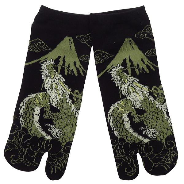 【龍と富士・黒】和柄足袋ソックス・スニーカー丈（男性用：２５〜２８ｃｍ）