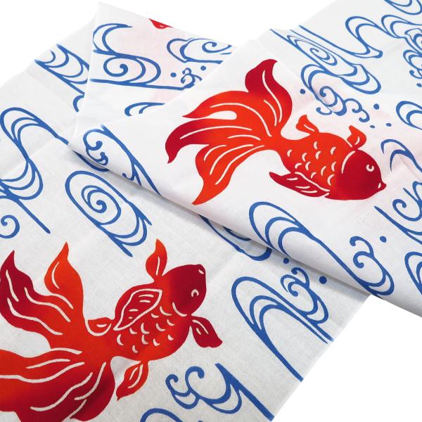 いろは・てぬぐい　本染 「流水金魚・白」 手拭・手ぬぐい