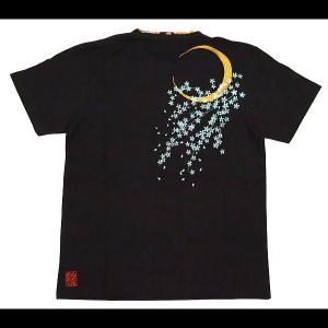 Tシャツ 和柄 月桜刺繍（黒）和柄ヘンリーネック半袖Ｔシャツ 絡繰魂｜matsuriya-sonami