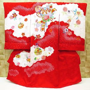 花車と鈴・赤 女児 初着 祝着 のしめ 産着 女の子のお宮参り着物・高級