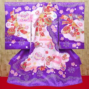 【新品未使用】正絹 日本製 総カラ絞り 本金箔技巧 お宮参り 産着 祝着 紫色 まりと熨斗目・紫 女児 初着 祝着 のしめ 産着 女の子のお宮参り着物