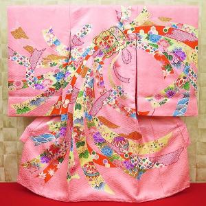 金彩大熨斗に毬・ピンク 女児 初着 祝着 のしめ 産着 女の子のお宮参り着物・高級フードセットプレゼント付｜matsuriya-sonami