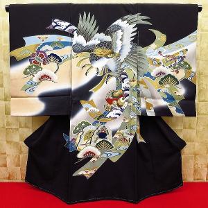 正絹 お宮参り 男の子 初着 産着 龍 牡丹 黒色 ブラック 竜 ドラゴン
