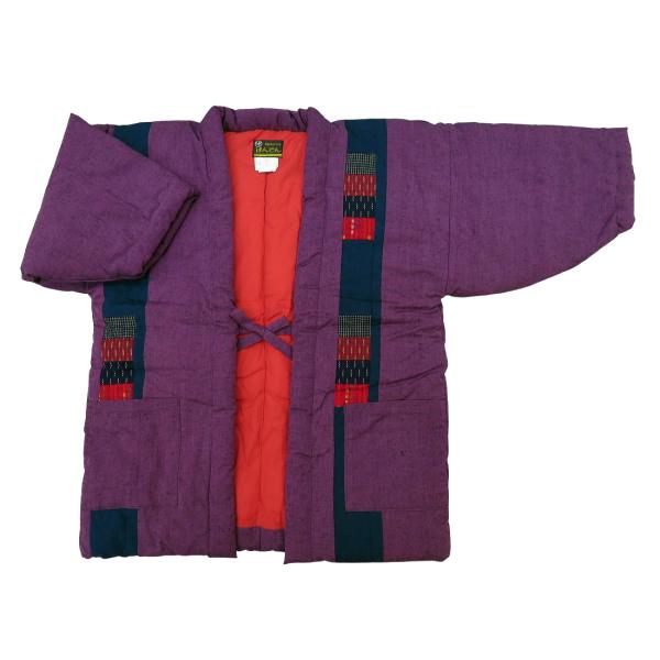 本場久留米 綿入りはんてん 縞パッチワーク（紫）女性用フリーサイズ　日本製