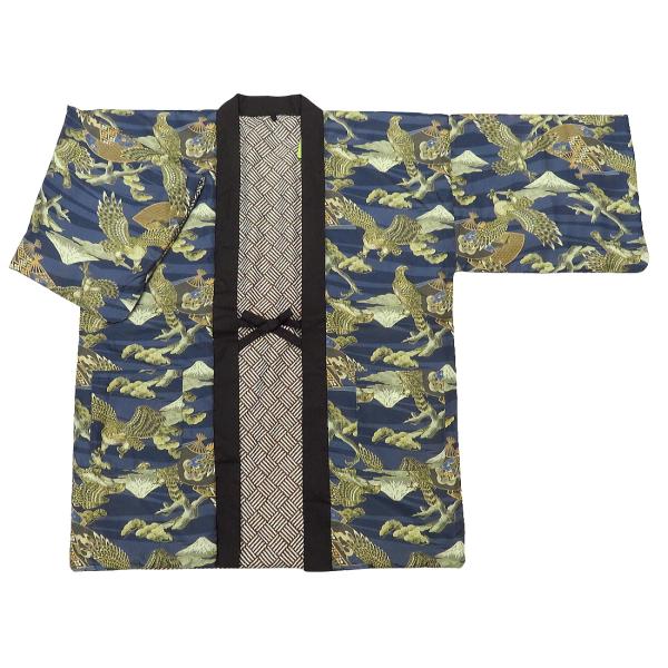 アンティーク和柄！綿入れ半纏リバーシブル（鷹と富士 紺系）男性用フリーサイズ