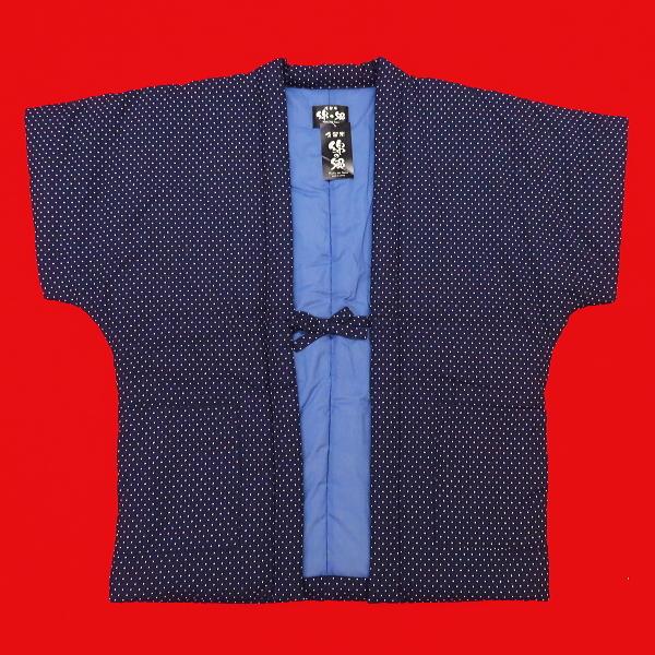 本場久留米！綿入れやっこ半纏！ドット絣（紺）袖なし　女性用フリーサイズ　日本製