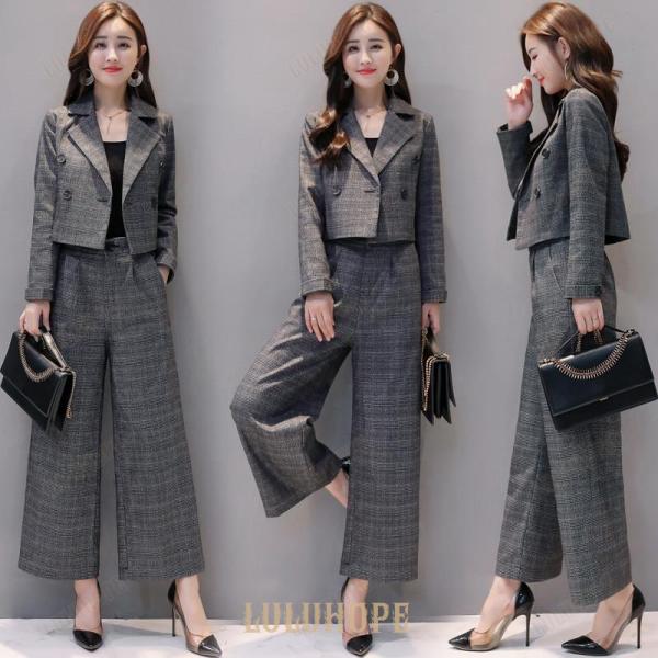 スーツ レディース ビジネス リクルートスーツ グレンチェック パンツスーツ ワイドパンツ 長袖 2...