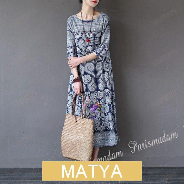 ミセスカジュアルワンピース　ロングワンピ 5分袖　プリント柄 ミモレ丈　涼しげ　リゾート　女子会　ミ...